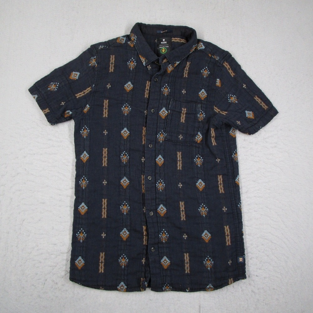 Roark Manawa Tapu Mens Large Navy Blue Geometric Short Sleeve Button Down RW602